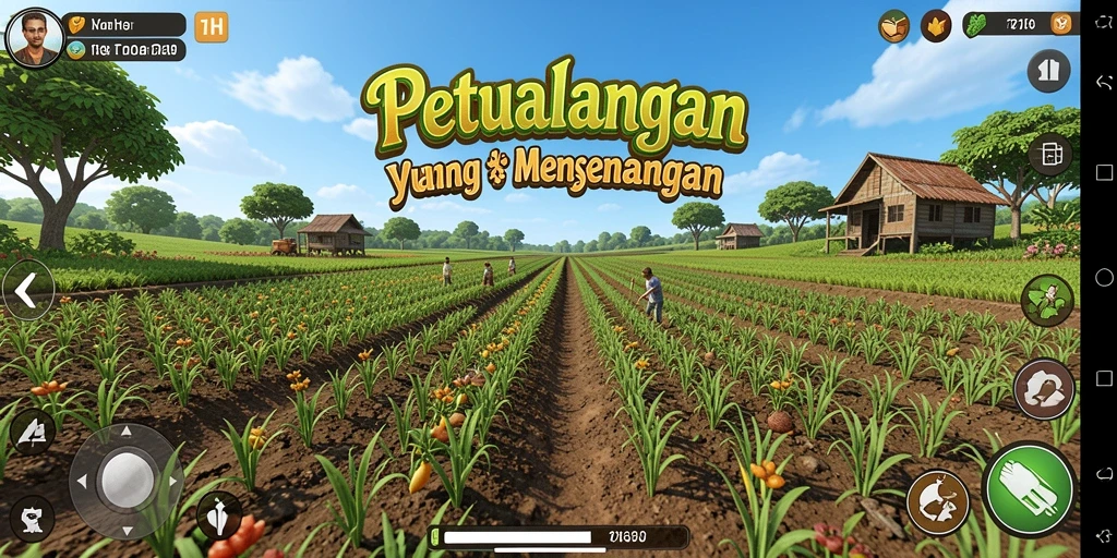 Screenshot dari gameplay 71H yang menunjukkan ladang pertanian yang subur.
