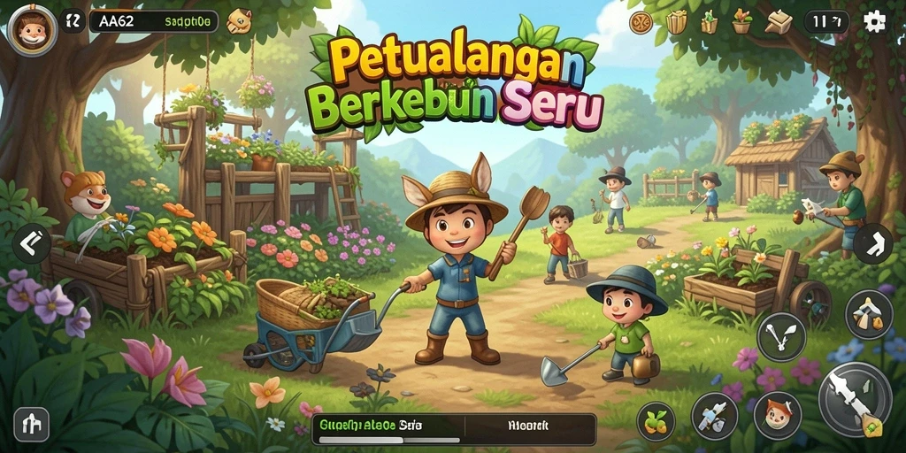 Tampilan gameplay yang menarik dari AA62 dengan aktivitas berkebun.