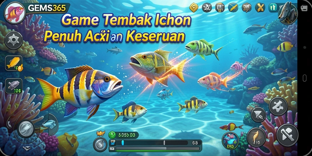 Tampilan gameplay GEMS365 yang penuh warna dan seru saat menembak ikan.