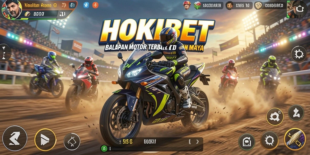 Screenshot permainan HOKIBET dengan aksi balapan motor mendebarkan.