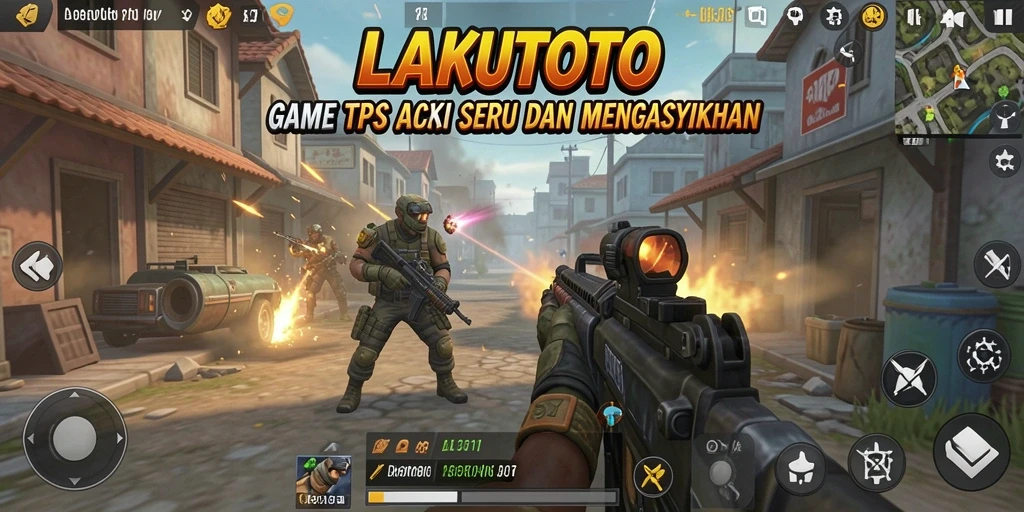 Tangkapan layar gameplay LAKUTOTO yang menampilkan aksi tembak-menembak intens.