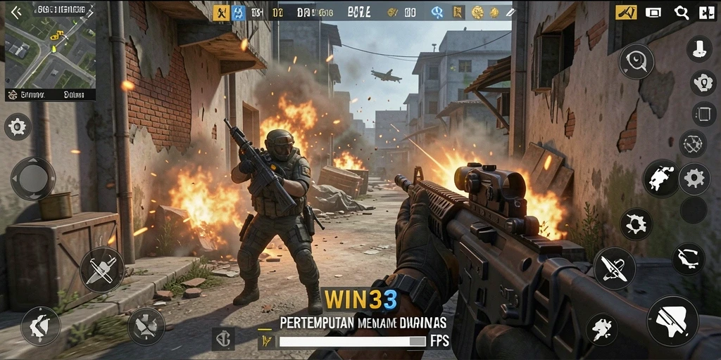 Tangkapan layar menunjukkan aksi intens dalam gameplay FPS.